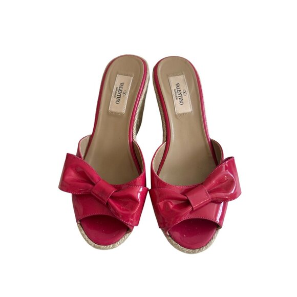 VALENTINO Pink Bow Patent Leather Espadrille Wedges Sandals Size 37.5 - Picture 6 of 10